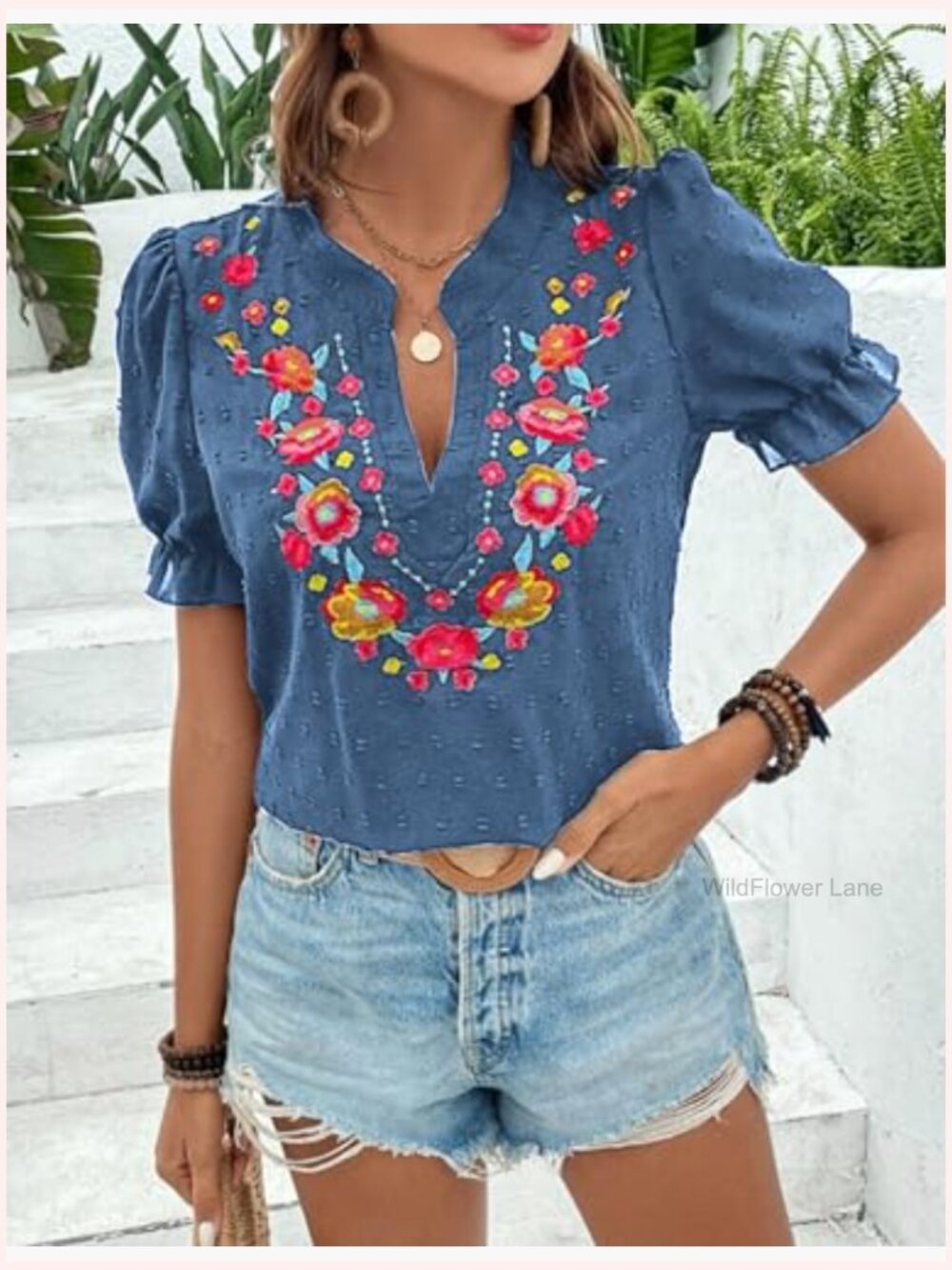 Women's V Neck Puff Sleeve Embroidered Blouse Summer - Picture 4 of 7